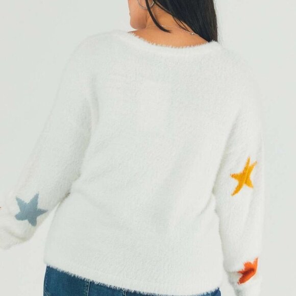 DAVI & DANI Cozy White Fuzzy Knit Sweater with Colorful Star Print, Plus Size - Picture 6 of 8